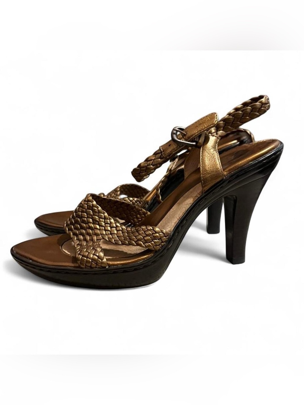 Vintage Sofft Metallic Bronze Brown High Heels with Braided Leather Straps